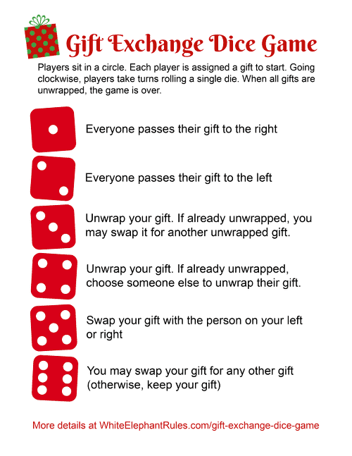 Instructions for gift exchange dice game