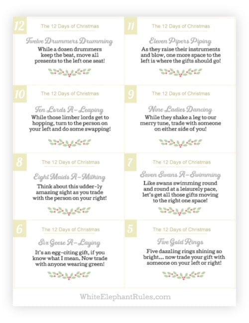 Preview image for the printable file containing 12 Days of Christmas gift exchange prompts