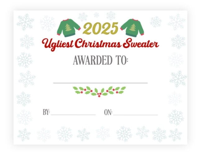 Preview image for printable certificate to award the winner of an ugly sweater contest