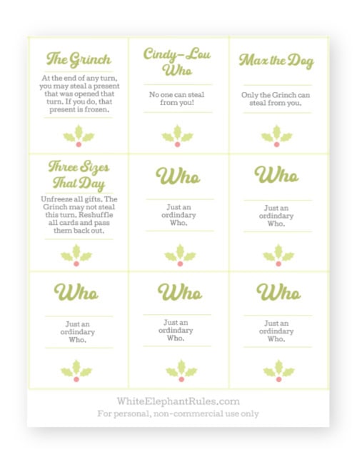 Preview of printable cards for the Grinch gift exchange game