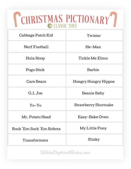 Preview image for the Christmas Pictionary toys words list