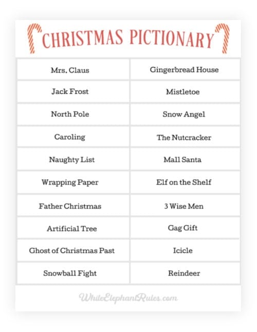 Preview image for PDF of words for Christmas Pictionary