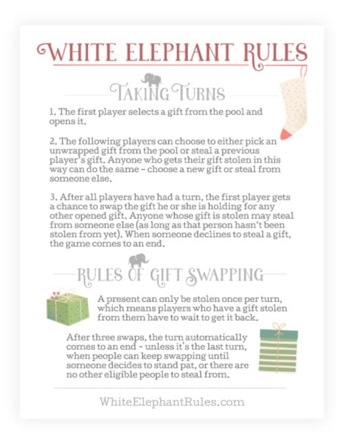 Preview image for printable PDF containing the official White Elephant Gift Exchange rules