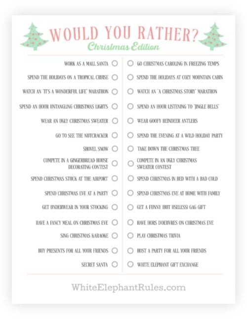 Preview image for the Would You Rather? printable for older kids and adults