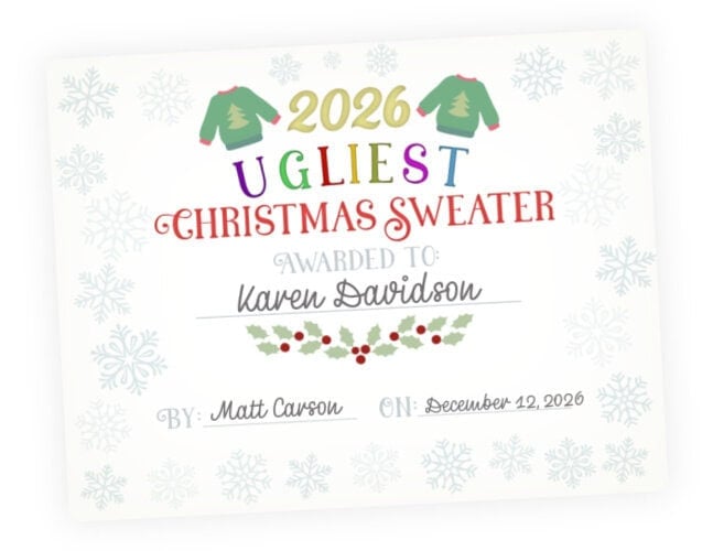 Preview image for printable certificate to award the winner of an ugly sweater contest